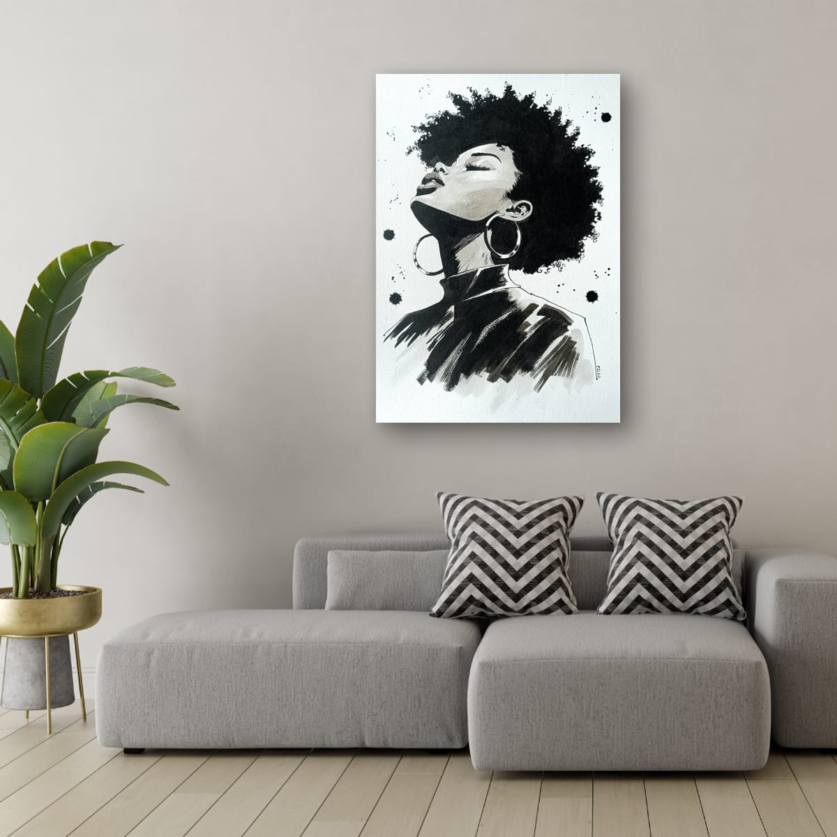 Muse – Œuvre originale à l'encre | Portrait femme afro