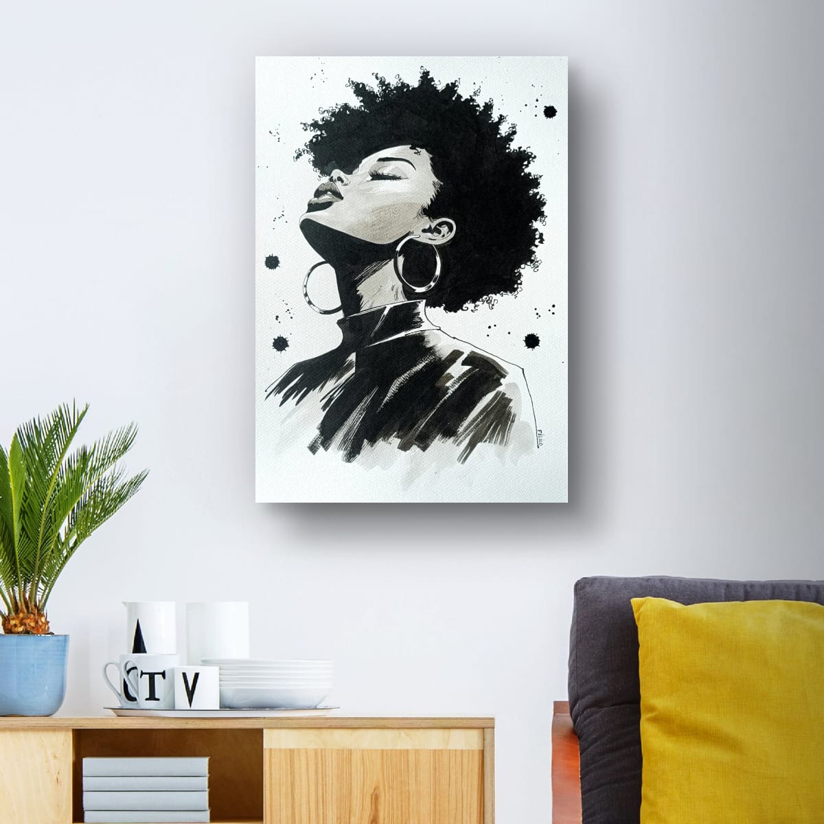 Muse – Œuvre originale à l'encre | Portrait femme afro