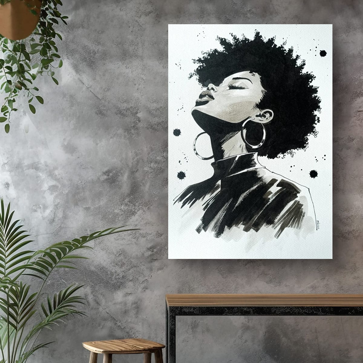 Muse – Œuvre originale à l'encre | Portrait femme afro